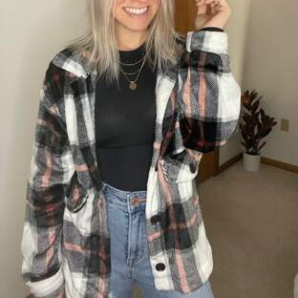 White black oversized plaid jacket shacket - Picture 1 of 8